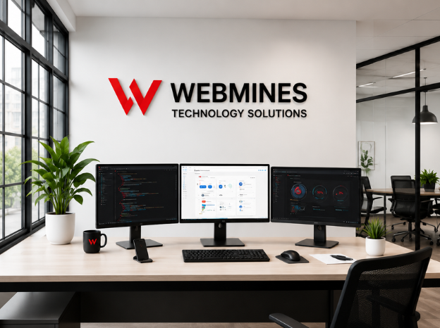 Webmines technology solutions office with brand wall and workstation